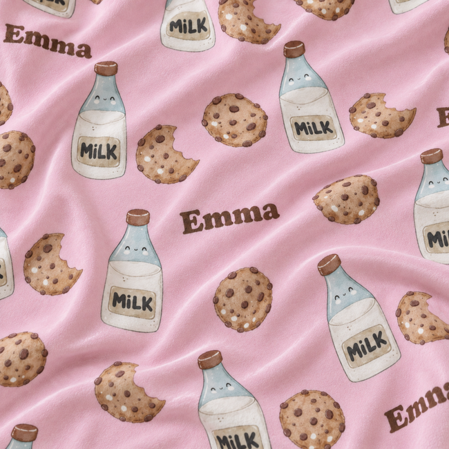 Pink satin fabric with a repeating watercolor pattern of chocolate chip cookies, milk bottles, and the name 'Emma' in brown text.
