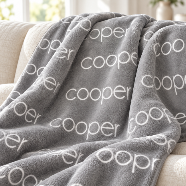 A plush gray throw blanket with a repeating white 'cooper' name pattern, draped over a light beige sofa in a bright indoor setting.