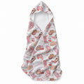 White hooded towel with pink cowgirl boots, Western hats, bows, cherries, hearts, and the name Marlowe in pink script.