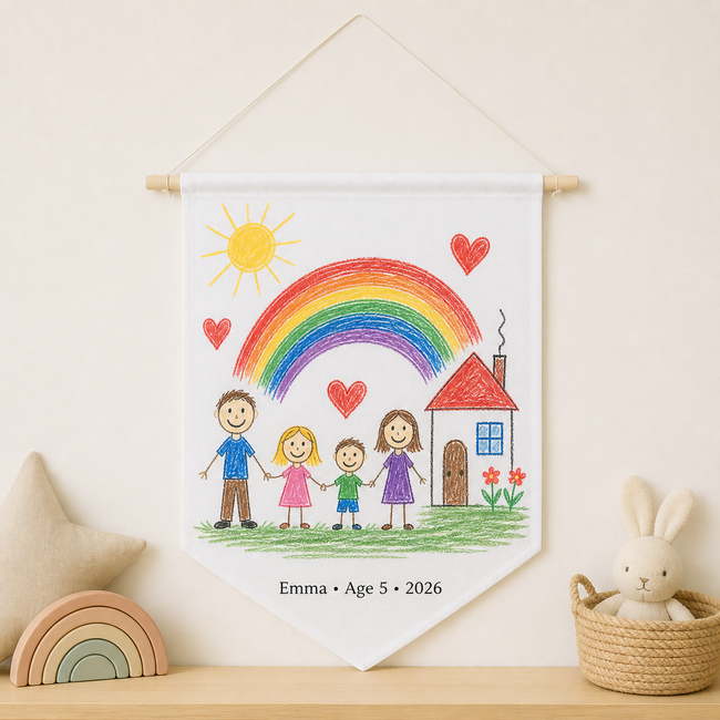 A personalized fabric wall banner hanging on a cream wall above a shelf. The banner features a colorful hand-drawn style family scene with a rainbow, sun, hearts, a small house, and the text 'Emma • Age 5 • 2026'.