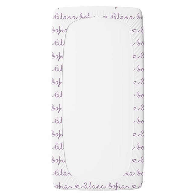 A white fitted sheet with a repeating purple script pattern of the names 'Alana Sofia' and small heart icons, shown on a plain white background.