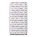 A personalized fitted sheet featuring a repeating pattern of the name 'Sophia' in purple cursive script.