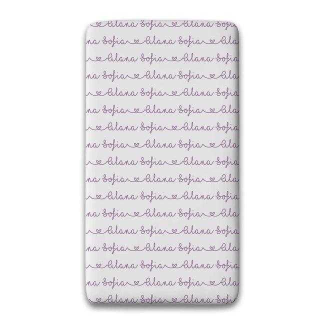 A personalized fitted sheet featuring a repeating pattern of the name 'Sophia' in purple cursive script.