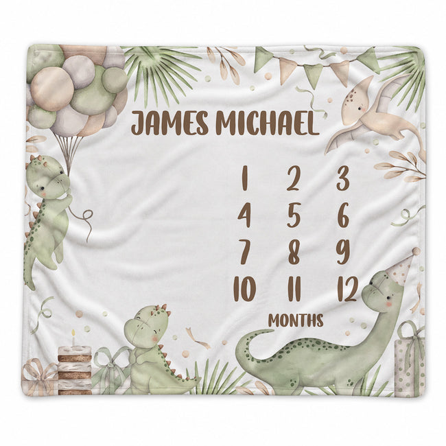 A personalized baby milestone blanket featuring a white background with a border of illustrated dinosaurs, balloons, palm leaves, bunting, and birthday candles. The center is printed with the name 'JAMES MICHAEL' at the top, a 12-months timeline in the middle, and the word 'MONTHS' below it.
