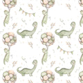 A repeating watercolor-style pattern featuring pale green dinosaurs, pastel balloon clusters, bunting flags, and small leafy accents on a white background.