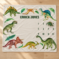 A personalized dinosaur-themed baby blanket laid flat on a light wood floor. The cream-colored blanket features watercolor illustrations of various dinosaurs, green leaves, and a numbered calendar grid on the right side.