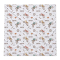 A square white baby swaddle blanket featuring a repeating pattern of vintage dirt bikes, checkered flags, racing flags, and the brand name 'CARTER' printed in brown.