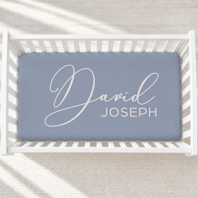 Dusty Blue Elegant Script Personalized Name Crib Sheet