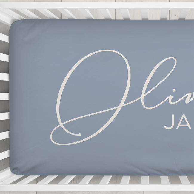 Dusty Blue Elegant Script Personalized Name Crib Sheet