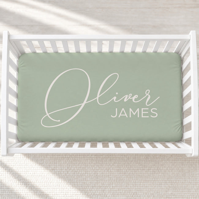 Dusty Sage Elegant Script Personalized Name Crib Sheet