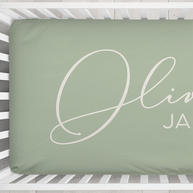 Dusty Sage Elegant Script Personalized Name Crib Sheet