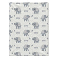 Personalized Grey Elephant Baby Blanket. Sweet grey elephants surround a custom name in a simple, gentle design on a white background.