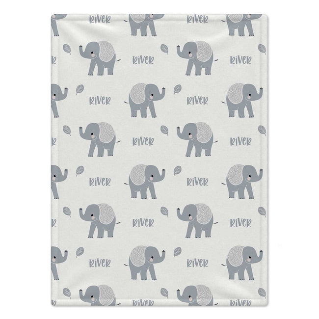Personalized Grey Elephant Baby Blanket. Sweet grey elephants surround a custom name in a simple, gentle design on a white background.