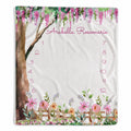 Enchanted Garden baby girl milestone blanket with Arabella Rosemarie, hanging pink blossoms, a watercolor tree, flowers, and numbers 1–12.