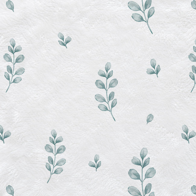 A repeating pattern of muted blue-green leafy stems on a textured off-white background.