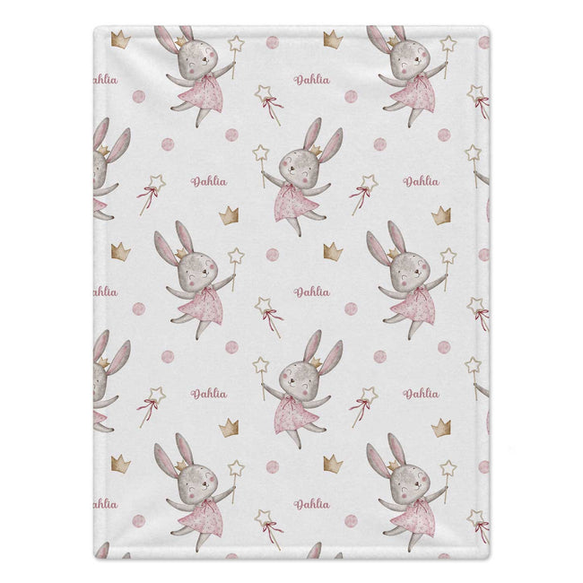 Personalized Fairy Bunny Baby Girl Blanket. Whimsical fairy bunnies and delicate pink details bring a little storybook magic to a custom name.