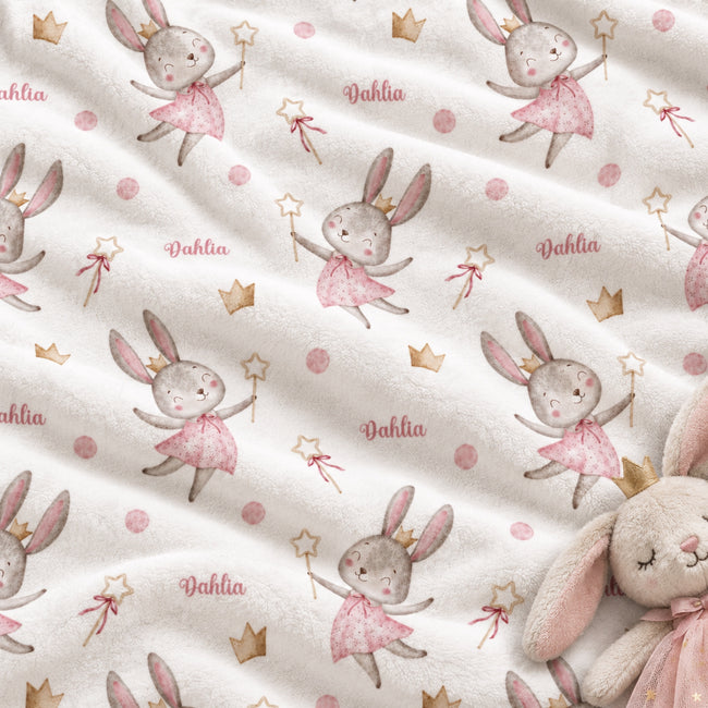 Personalized Fairy Bunny Baby Girl Blanket. Whimsical fairy bunnies and delicate pink details bring a little storybook magic to a custom name.