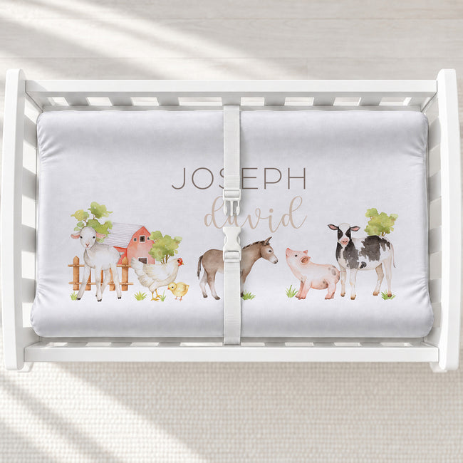 Watercolor Farm Animals Personalized Changing Pad Cover, featuring adorable farm friends and your baby’s name for a sweet nursery touch.