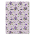 Pale lavender blanket with purple violet flowers, green leaves, and the name Violet Mae in purple script and green lettering.