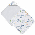 White hooded towel featuring blue sharks, yellow and orange fish, green seaweed, blue bubbles, and the name Josiah.