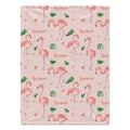 Personalized Flamingo Baby Girl Blanket. Playful flamingos and tropical greenery surround a custom name on a cheerful pink background.