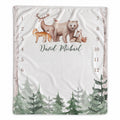 A personalized baby milestone blanket with a woodland theme, featuring watercolor illustrations of a bear, deer, fox, and pine trees on a white background. The center is personalized with the name 'David Michael' in script, and numbers 1 through 12 are printed vertically on both sides.
