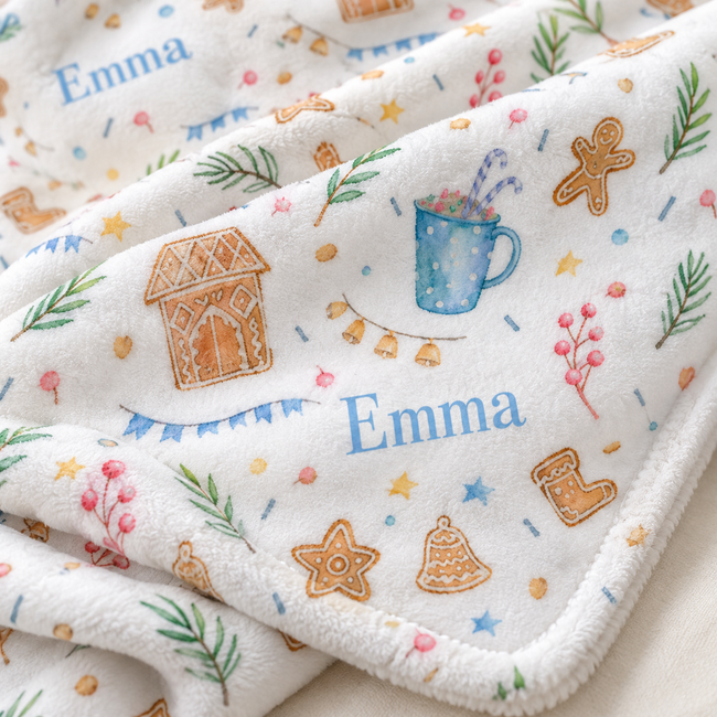 A close-up of a soft fleece blanket with a white base, featuring personalized embroidery with the name 'Emma' in blue, alongside gingerbread house, mug, stars, and berries motifs in multiple colors.