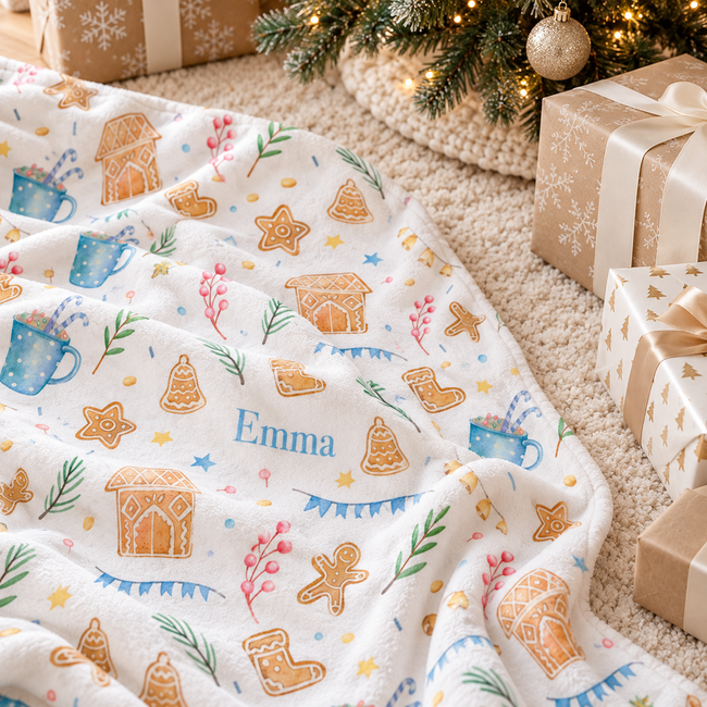 A personalized white fleece blanket with a Christmas gingerbread print is draped over a beige carpet next to wrapped Christmas presents and a lit tree branch. The blanket features the name 'Emma' in blue script.