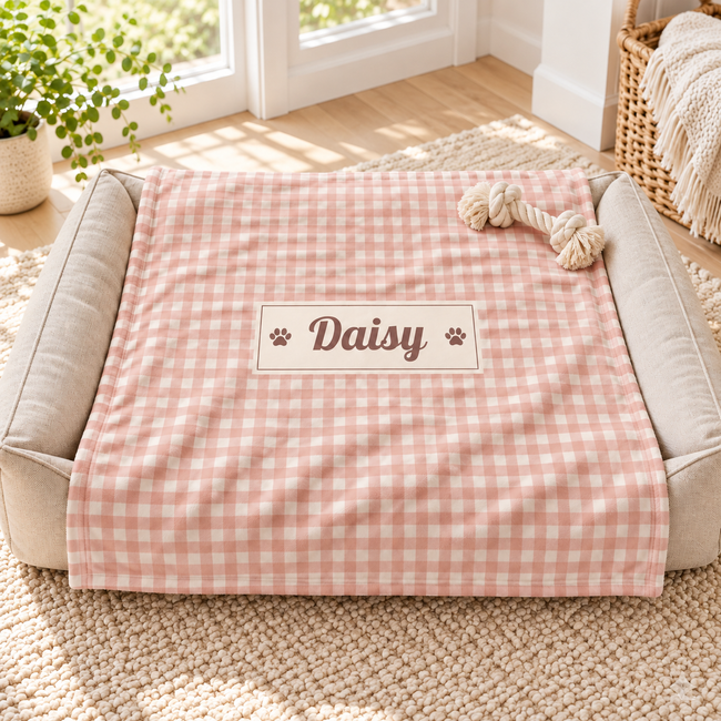 A personalized pet bed with a pink and white gingham dog blanket featuring a custom name patch that reads 'Daisy' with paw prints, set in a bright, sunlit room on a textured rug.