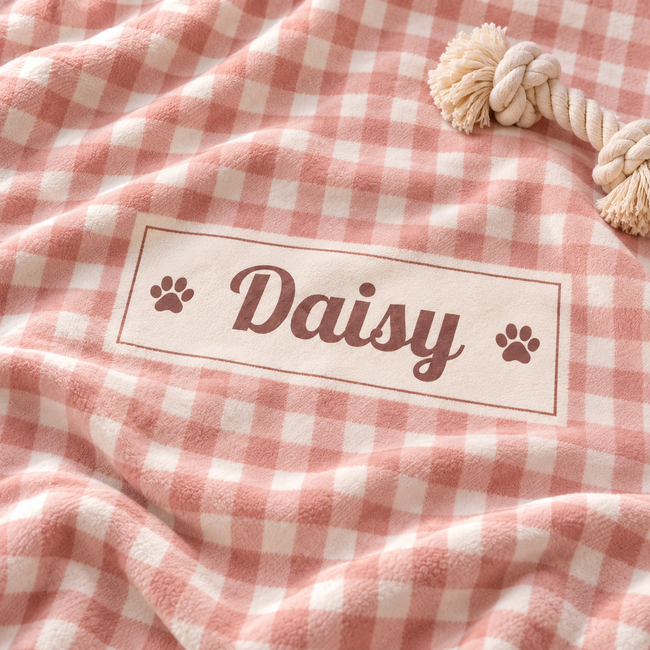 A close-up of a soft pink and white gingham blanket with a cream rectangular patch that reads "Daisy" in script, flanked by two paw prints. A cream rope toy is partially visible at the top right.