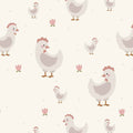 A repeating seamless pattern featuring cute cartoon chickens and chicks in shades of gray and pink on a warm cream background with tiny pink flowers.