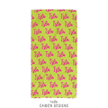 A personalized beach towel, featuring a repeating pattern of pink cursive script on a bright lime green background. The brand name 'CAIDEN DESIGNS' is printed in black at the bottom center.