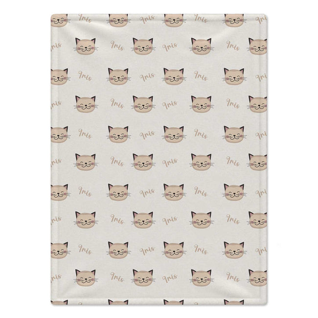 Personalized Kitten Baby Blanket. Sweet kitten faces surround a custom name in a soft, simple design with warm neutral tones.