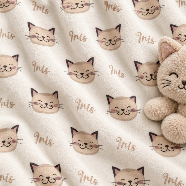 A plush cream-colored blanket with a repeating pattern of smiling cat faces and the name 'Iris' in cursive, styled with a matching plush cat toy on the right side.