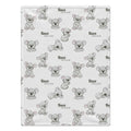 Personalized Koala Baby Blanket. Adorable baby koalas surround a custom name in a gentle grey watercolor design.