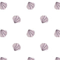 A repeating watercolor pattern of small lavender-gray seashells on a plain white background.