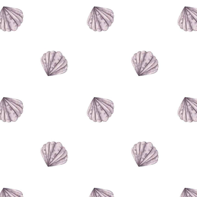 A repeating watercolor pattern of small lavender-gray seashells on a plain white background.