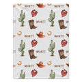 Personalized Cowboy Baby Boy Blanket. Cowboy hats, boots, bandanas, and cacti bring warm western charm to a custom name.