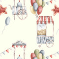 A repeating watercolor-style pattern featuring vintage carnival elements, including balloon clusters, star-shaped bunting, pennant banners, and two popcorn carts in soft pastel tones on a cream background.