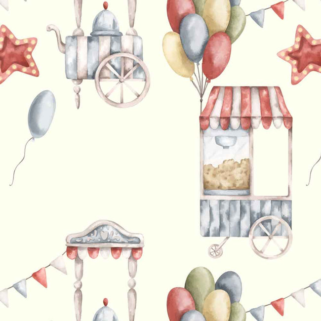 A repeating watercolor-style pattern featuring vintage carnival elements, including balloon clusters, star-shaped bunting, pennant banners, and two popcorn carts in soft pastel tones on a cream background.