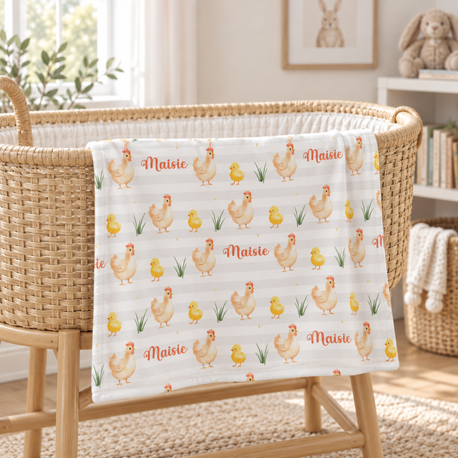 A white baby blanket with a repeating pattern of yellow chicks, orange chickens, green grass, and the name 'Maisie' in orange script, draped over a woven rattan bassinet in a softly lit nursery.