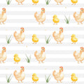 A repeating watercolor-style pattern of beige and yellow chickens and chicks with small green grass tufts on a white background with light gray horizontal stripes.