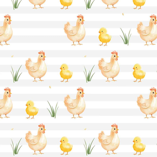 A repeating watercolor-style pattern of beige and yellow chickens and chicks with small green grass tufts on a white background with light gray horizontal stripes.