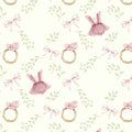 A repeating watercolor-style pattern on a warm off-white background featuring pale pink ribbon bows, small pink dresses, green leafy stems, and gold rings.