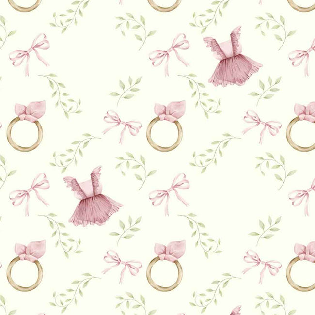A repeating watercolor-style pattern on a warm off-white background featuring pale pink ribbon bows, small pink dresses, green leafy stems, and gold rings.