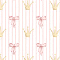 A repeating watercolor pattern featuring soft pink bows and pale gold crowns on vertical light pink and white stripes.