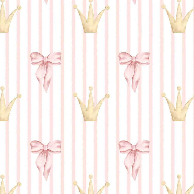 A repeating watercolor pattern featuring soft pink bows and pale gold crowns on vertical light pink and white stripes.
