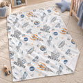Personalized Rocket Baby Blanket. Rockets, satellites, planets, and space rovers surround a custom name in watercolor blue, grey, and orange.