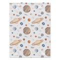 A personalized baby blanket featuring a space-themed pattern with planets, stars, and the names 'Oliver James' printed in blue and orange, set against a clean white background.
