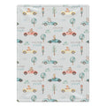 Personalized Animal Race Car Baby Blanket. Friendly animals drive colorful race cars among trees, clouds, and traffic lights around a custom name.